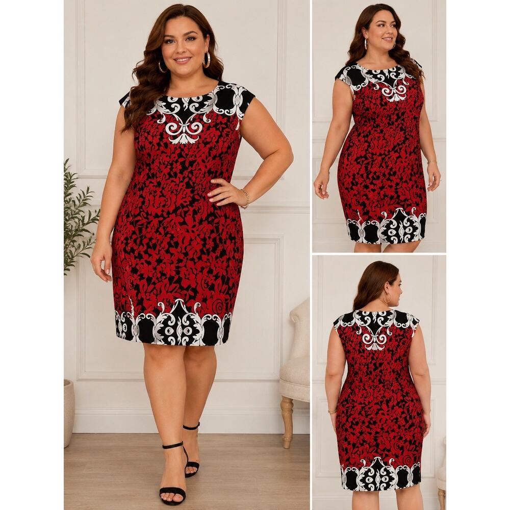 Midnight Velvet Women’s 18W Red Black Floral Baroque Sheath Dress Plus Size
